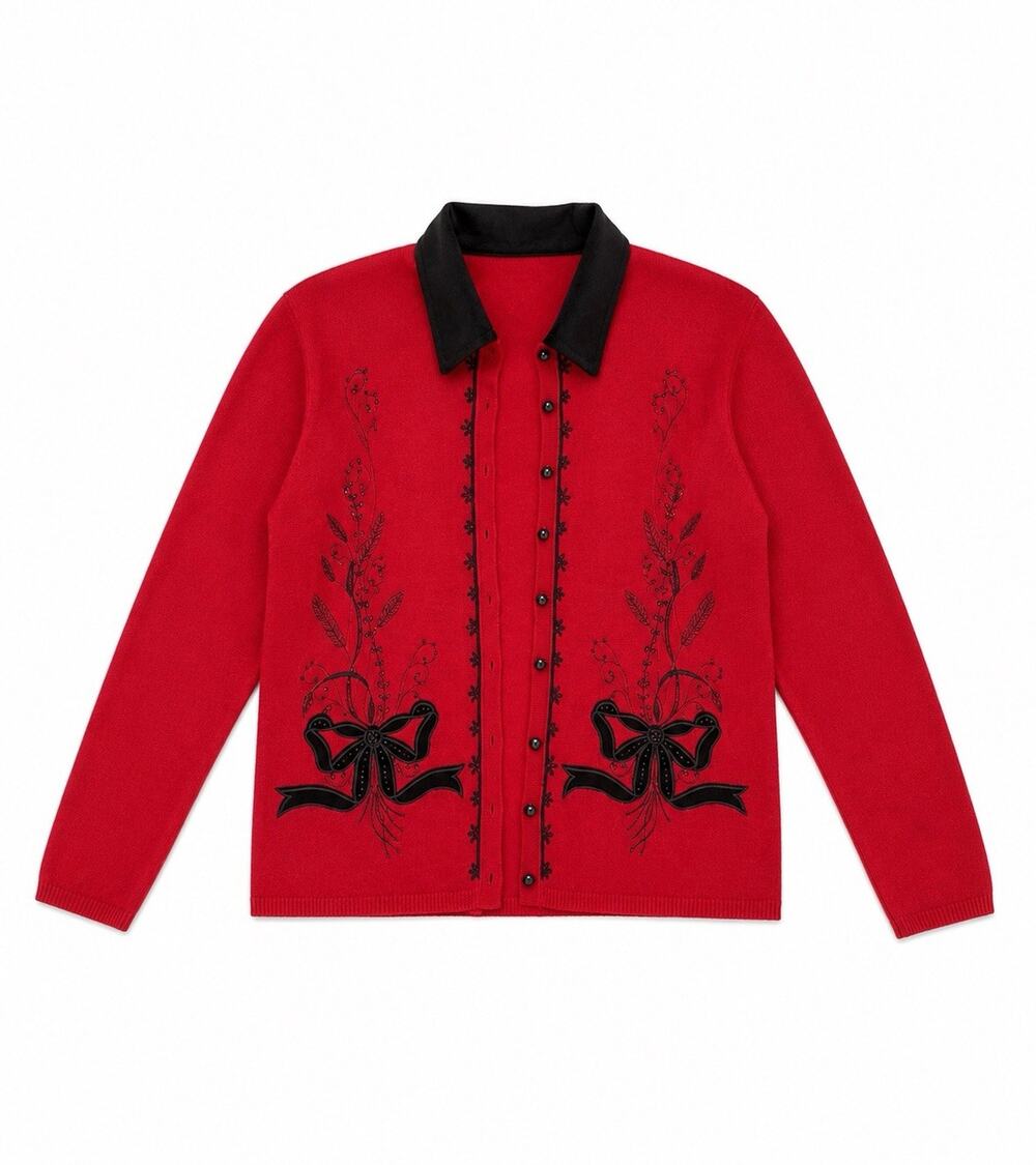 Women’s Large Red Black Embroidered Button Front Cardigan Sweater Bow Floral - Picture 1 of 5